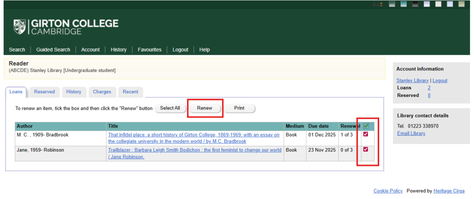 The Account tab in Heritage, displaying a reader's loans. The Renew button and tickboxes for the items are marked in red.