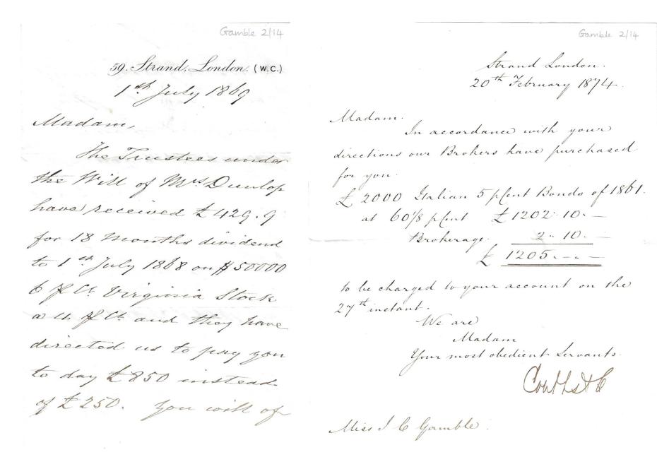 Two letters side by side to Jane Gamble from her bank, Coutts & Co (archive ref- GCPP Gamble 2-14pt)