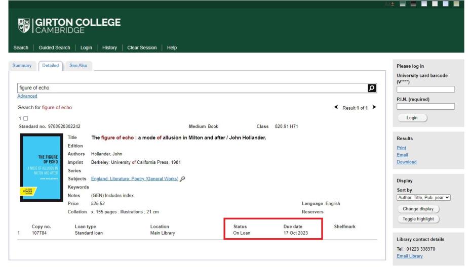 Detail from a Heritage record. At the bottom of the page, Status: On Loan and Due Date: 17 Oct 2023 are marked by a red box.