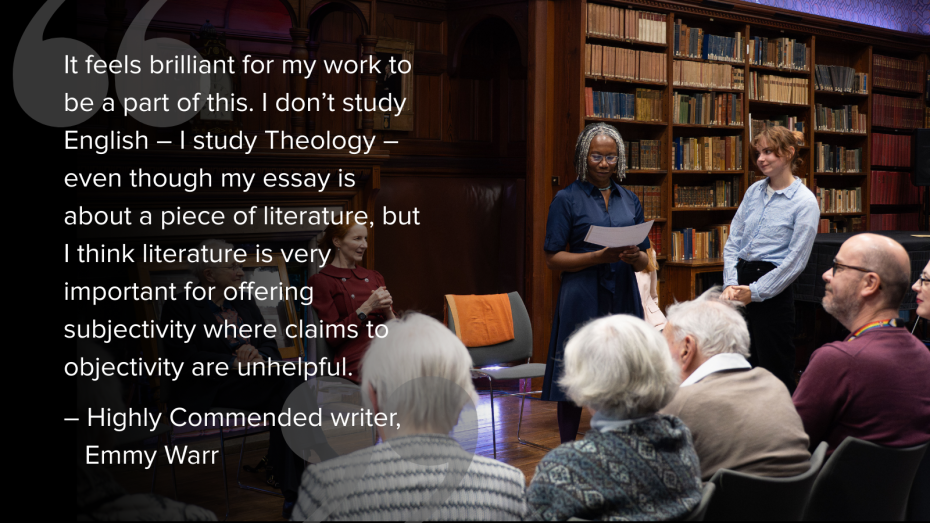 Highly commended writer, Emmy Warr, receives her prize certificate from Valda Jackson MBE