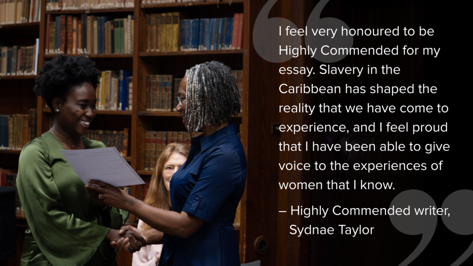 Highly commended writer, Sydnae Taylor receives her prize certificate from Valda Jackson MBE