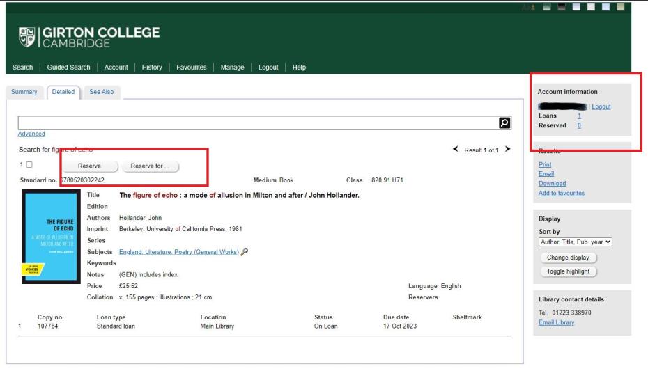 Detail from a Heritage record. The 'Reserve' button and the Account information box are both circled in red.