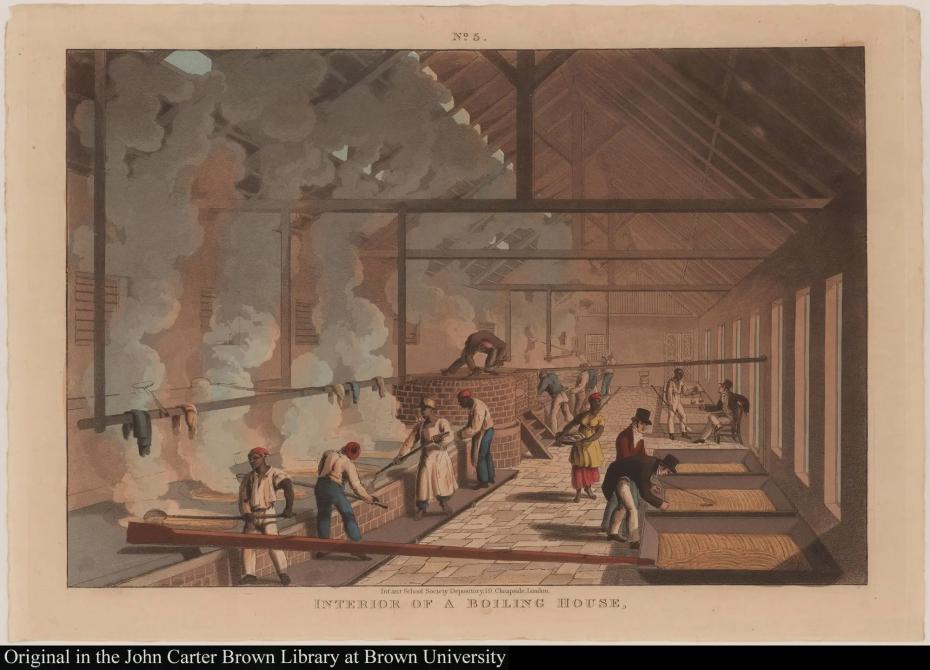 'Interior of a Boiling House’ from William A V Clark, Ten Views of the Island of Antigua,  (pub. 1823). Courtesy of the John Carter Brown Library, Providence RI, USA.
