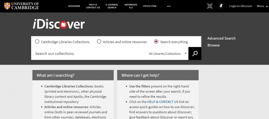 The iDiscover homepage, with the 'Search everything' option selected.
