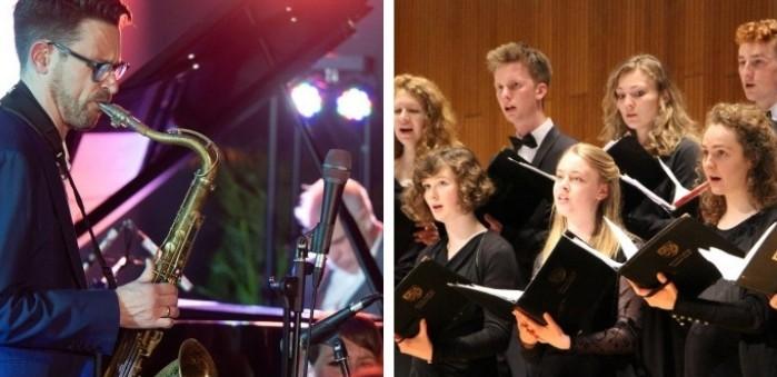 Duo of images from GirtonJazz and the Girton Choir