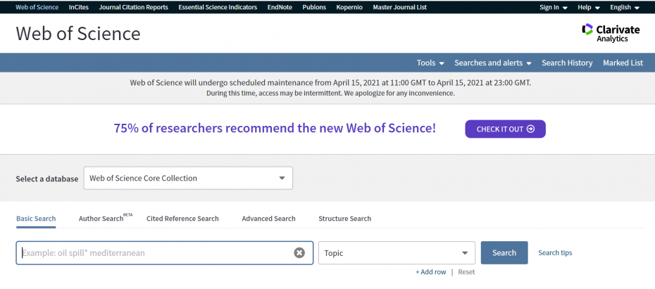 Web of Science homepage.